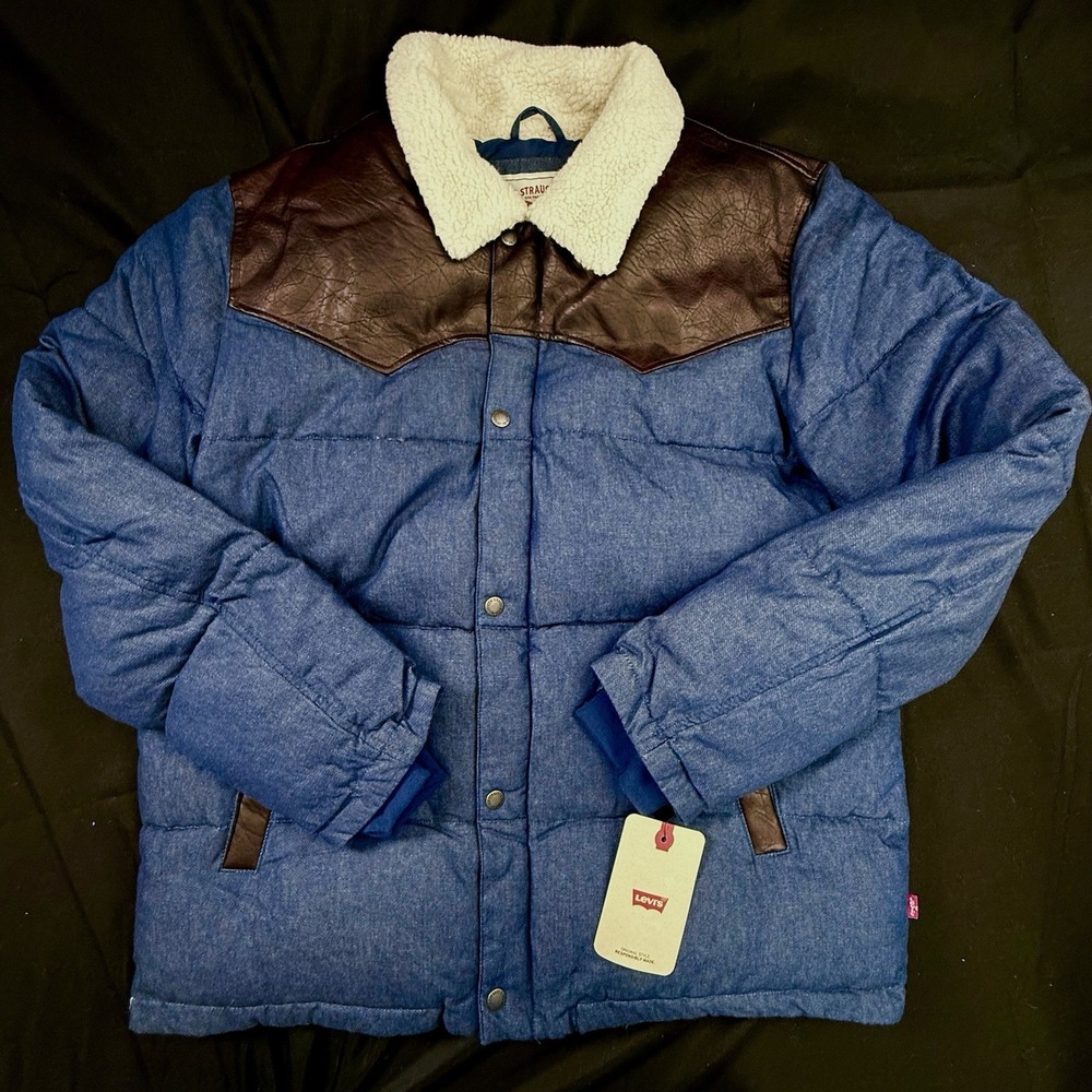 Levi's Men's Large Out West Quilted Puffer Jacket Blue Denim Western Coat NWT